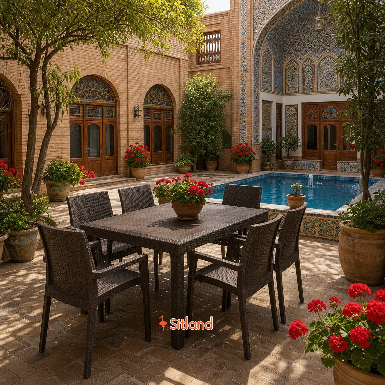 میز ۶ نفره پلاستیکی طرح چوب قهوه ای برای حیاط خانه سنتی و اقامتگاه بومگردی