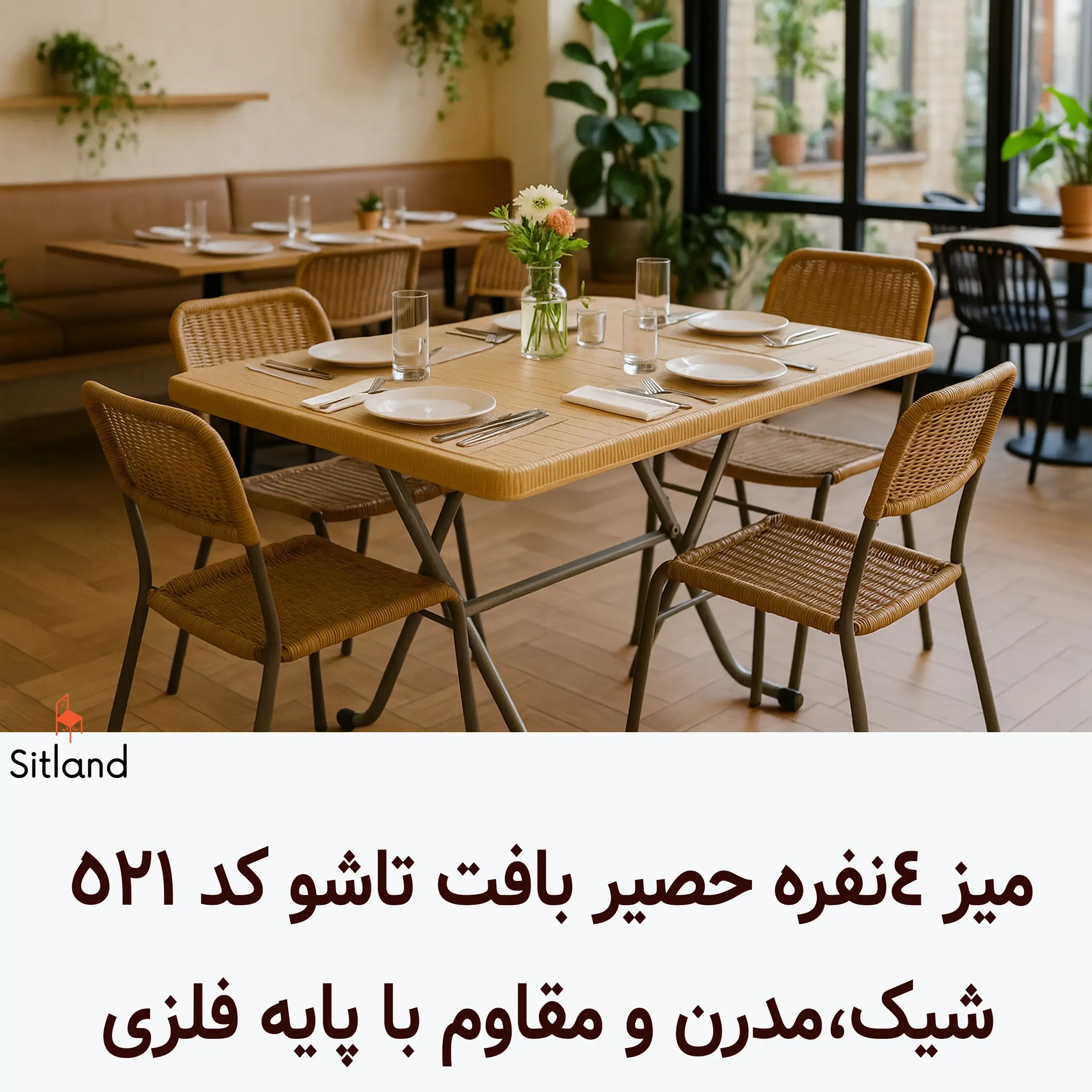 میز 4 نفره ایده‌آل برای تراس، ویلا، باغ و رستوران | پایه فلزی مقاوم، سطح حصیری، مقاوم در برابر آب و آفتاب