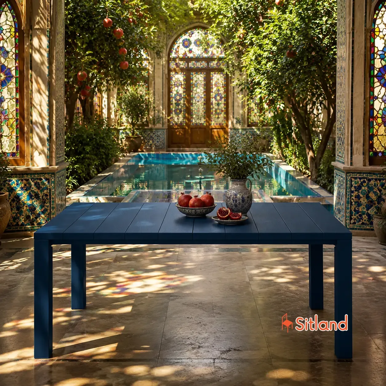 میز پلیمری جاسمین ۶ نفره در آلاچیق باغ سنتی ایرانی در کنار حوض فیروزه‌ای