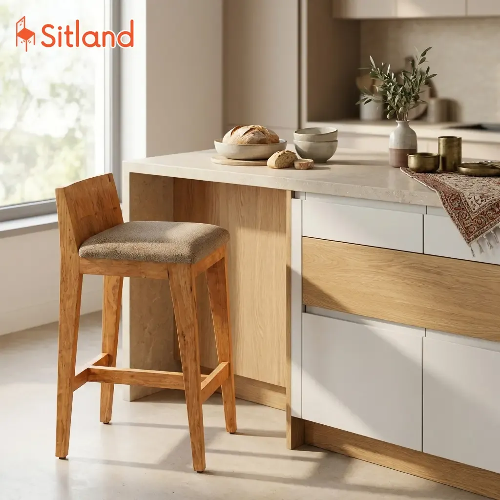 صندلی اپن روستیک چوبی در آشپزخانه مدرن با طراحی گرم و طبیعی