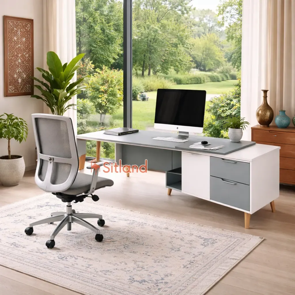 میز اداری ال با پنل جلویی | میز کامپیوتر مینیمال با رنگ‌بندی و طرح متنوع | پایه چوب راش | خرید قسطی و گارانتی3ساله از سیتلند