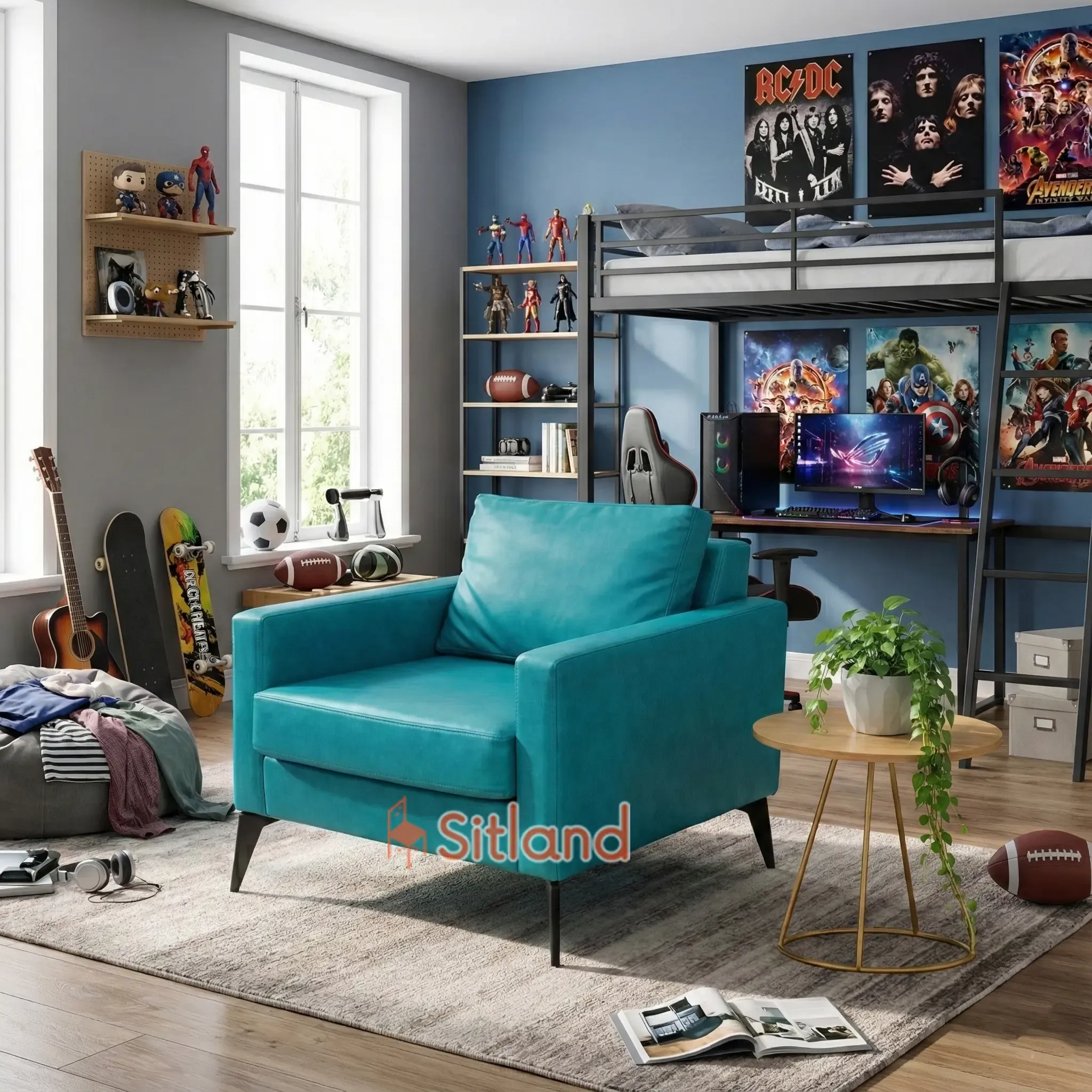 مبل تک نفره نوجوان | مبل تک پسرانه اسپرت،مینیمال | قابل سفارش با روکش چرم یا پارچه | مبل راحتی با فریم فلزی رنگ مشکی | گارانتی3ساله در سیتلند