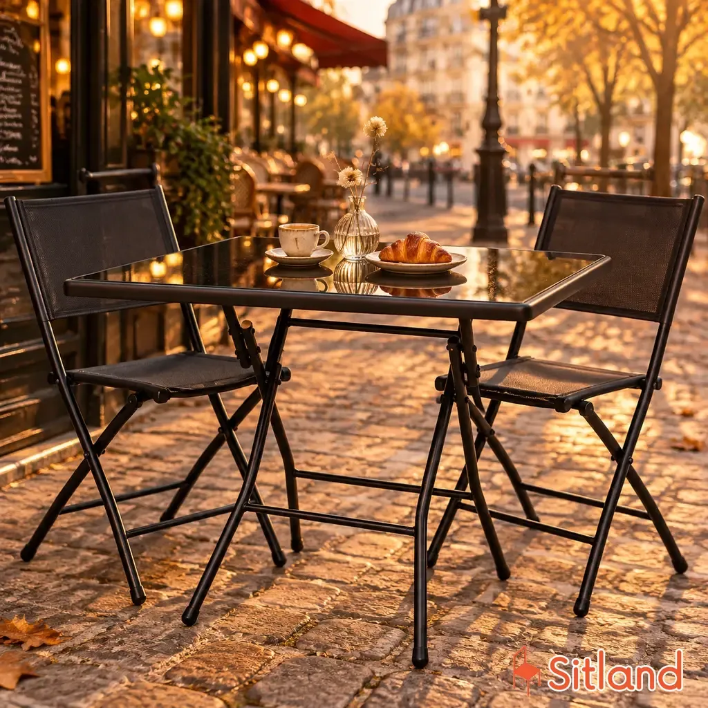 میز پیاده رویی کافه تاشو مشکی با رویه شیشه ای سکوریت ۱۲۰ در ۸۰ در فضای باز پیاده رو شهری سیتلند