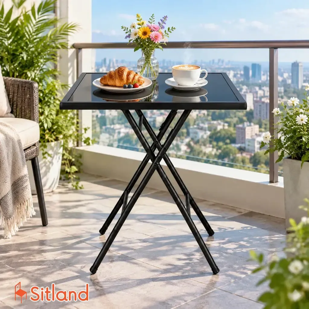میز فضای باز اسکلت مشکی ضد زنگ، مناسب برای دکوراسیون تراسهای ویلایی و سیتلند.