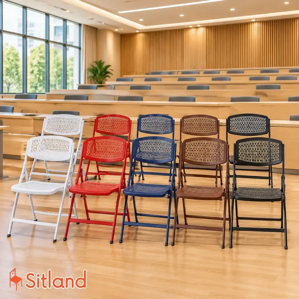 تصویر باکیفیت و حرفهای صندلیهای تاشو شیدکو مدل آراد در رنگهای متنوع سفید، قرمز، سرمهای، قهوهای و مشکی چیده شده در سالن همایش و کلاس دانشگاه با کفپوش چوبی روشن و نورپردازی مدرن