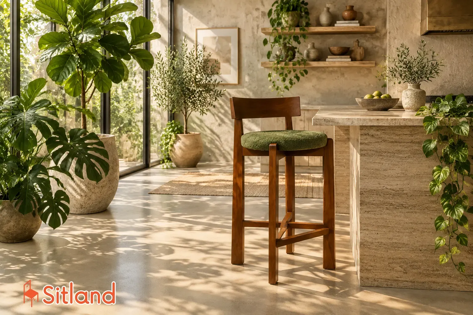 صندلی اپن چوبی لونا در فضای آشپزخانه سبز و گیاهی مدرن