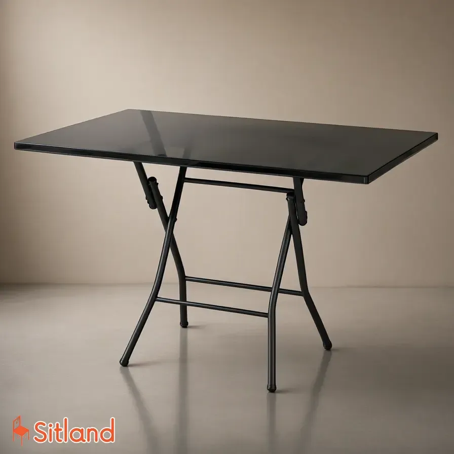 میز پایه تاشو قوطی سنگین مشکی با رویه شیشه میرال ۱۲۰*۸۰ مقاوم در برابر ضربه و خط و خش سیتلند