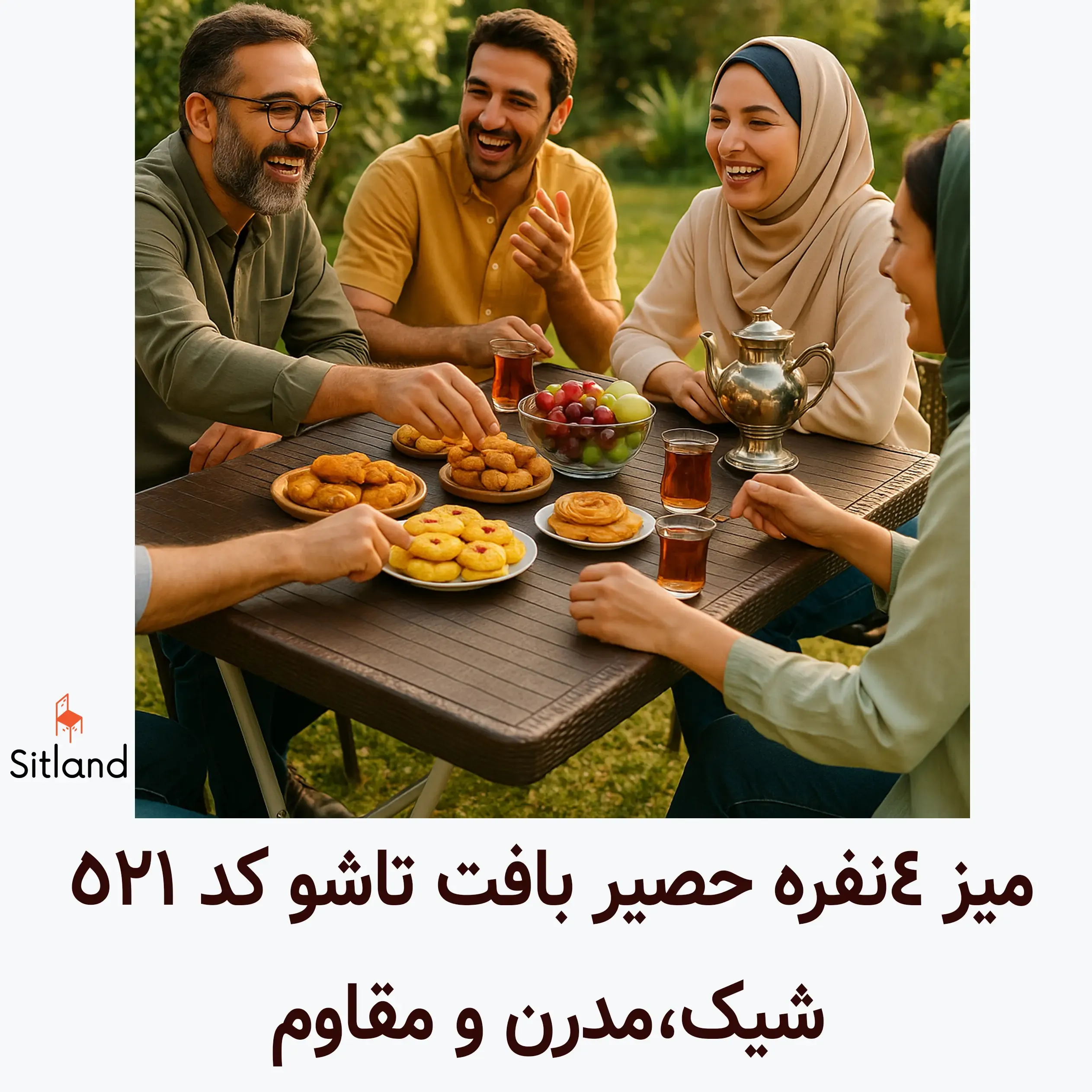 میز 4 نفره ایده‌آل برای تراس، ویلا، باغ و رستوران | پایه فلزی مقاوم، سطح حصیری، مقاوم در برابر آب و آفتاب