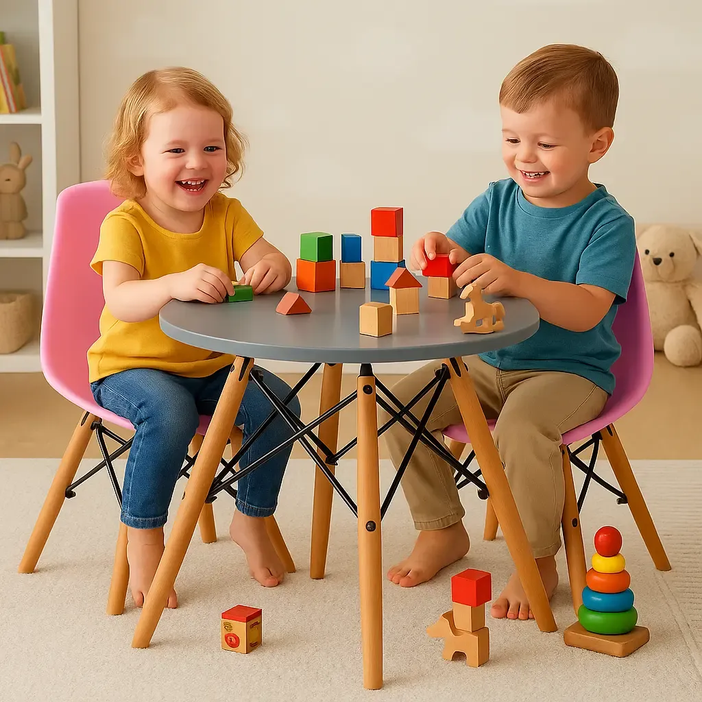 ست میز و صندلی کودک(دونفره) پرنسا | ته‌پایه ضدخش/ضدصدا، اتصالات محکم | پایه صندلی: طراحی ایفلی از چوب راش + فلز | سیتلند