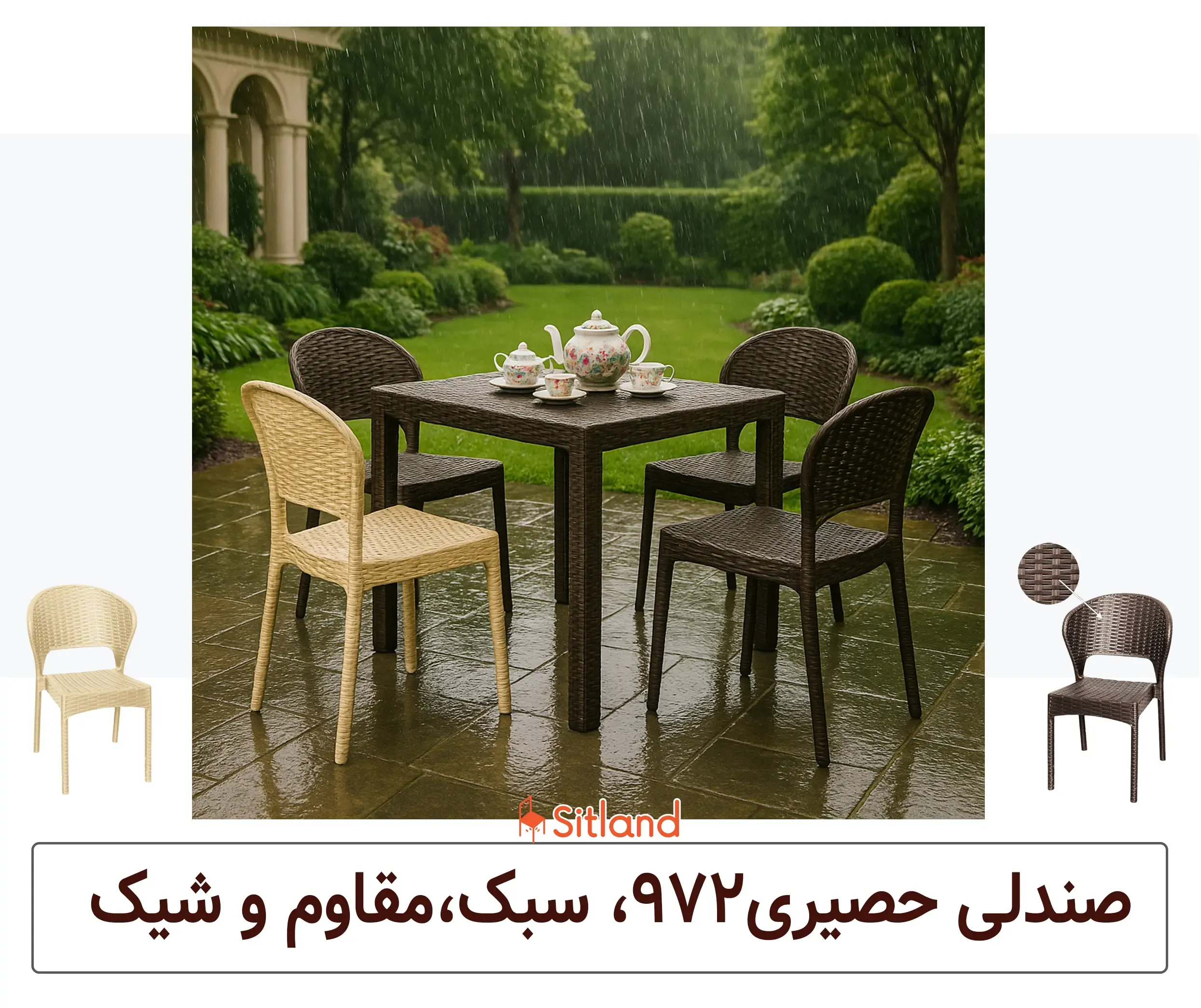چهار صندلی حصیر بافت 972 سیتلند (یکی درمیان کرم و قهوه‌ای) دور میز حصیری 323 در یک باغ ویلای شیک با باران ملایم و سرویس قوری و فنجون گل‌گلی، مناسب مبلمان فضای باز و ویلا