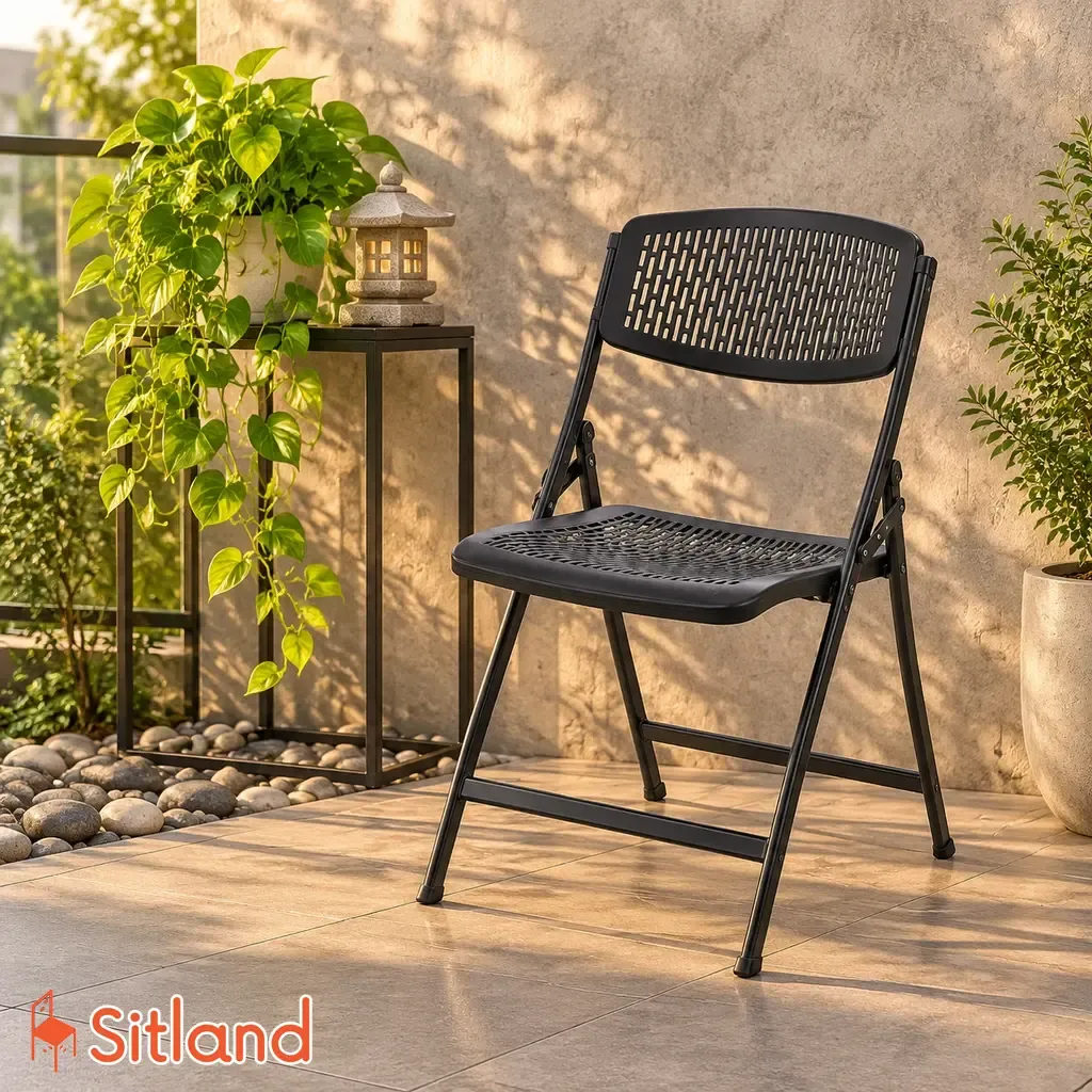 صندلی تاشو پایه آهنی مشکی برای فضای کار و میز کارگاهی