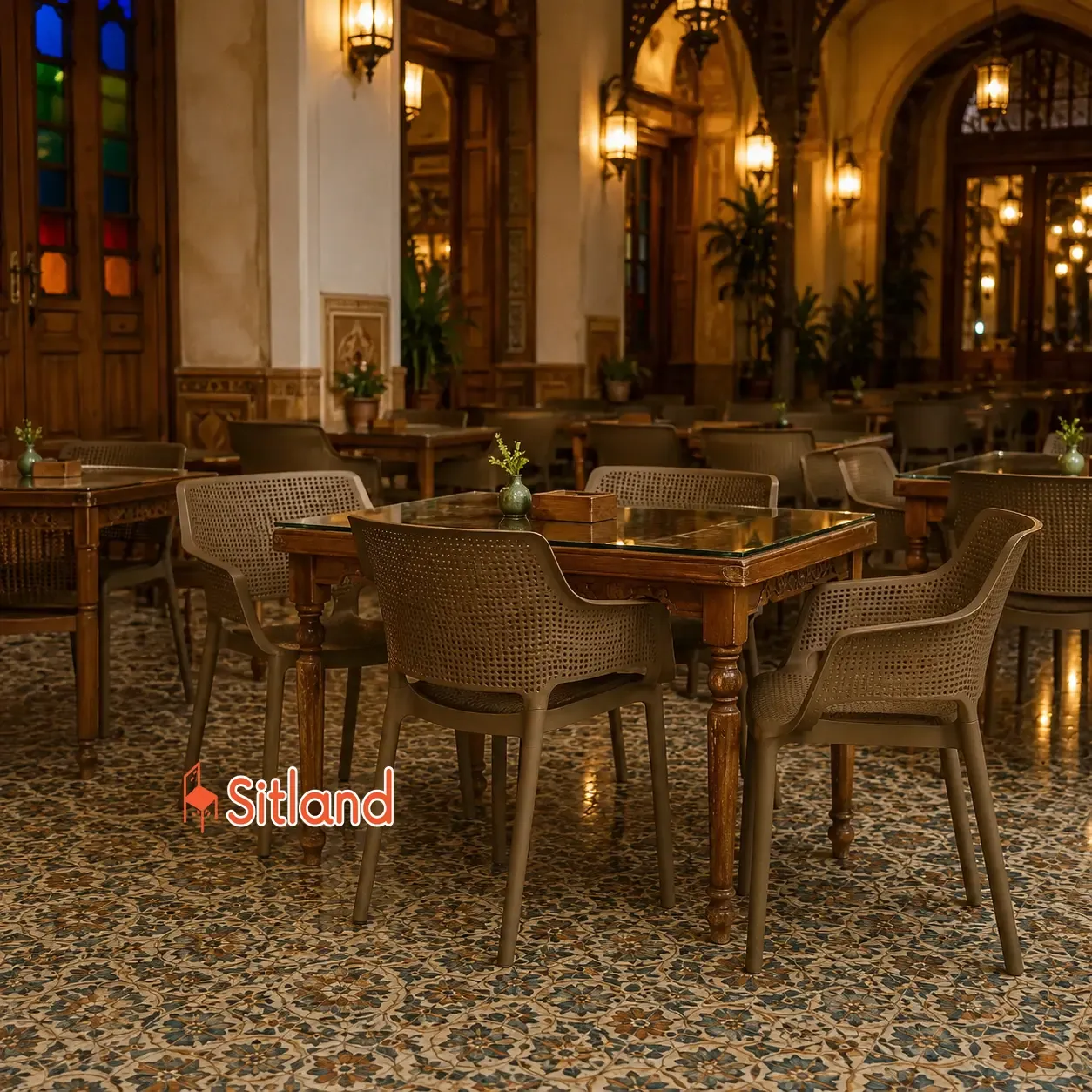 صندلی پلاستیکی رستورانی در فضای سنتی ایرانی