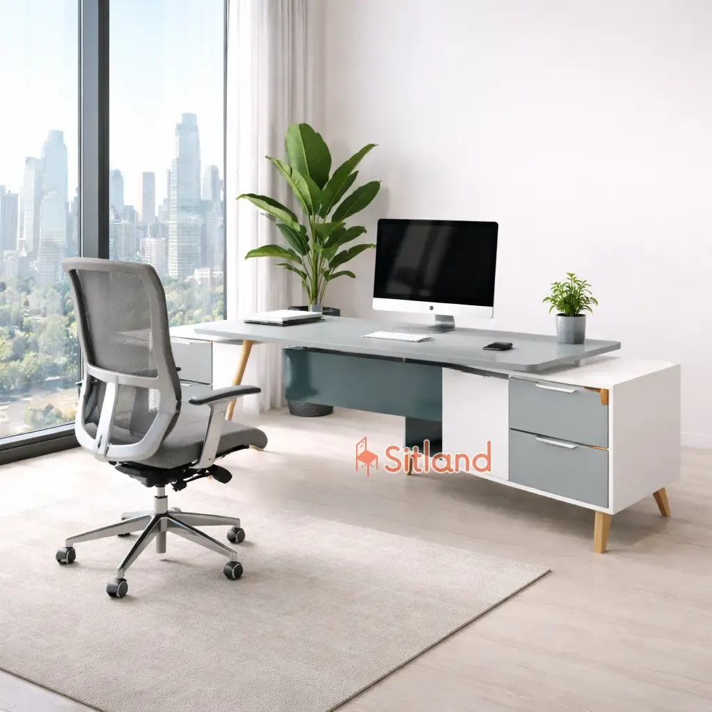 میز اداری ال با پنل جلویی | میز کامپیوتر مینیمال با رنگ‌بندی و طرح متنوع | پایه چوب راش | خرید قسطی و گارانتی3ساله از سیتلند