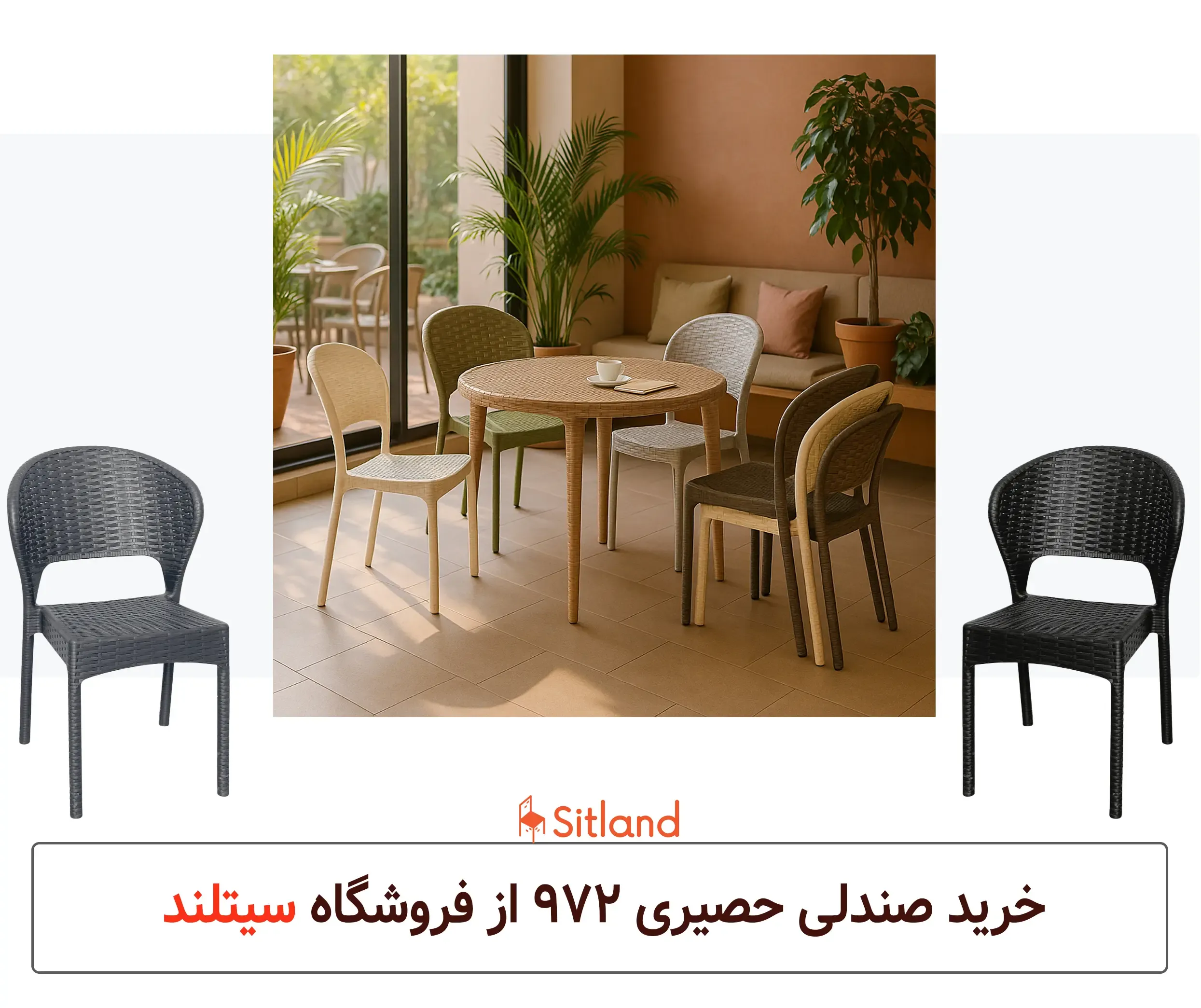صندلی حصیر بافت مدل 972 سیتلند، بدون دسته، سبک و قابل شستشو با طراحی مدرن و مقاوم، مناسب فضای باز و تراس