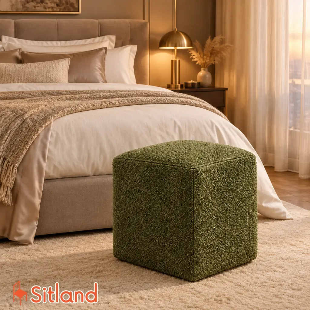 استفاده از پاف پارچهای مربع به عنوان دکوراسیون و نشیمن کنار تخت خواب