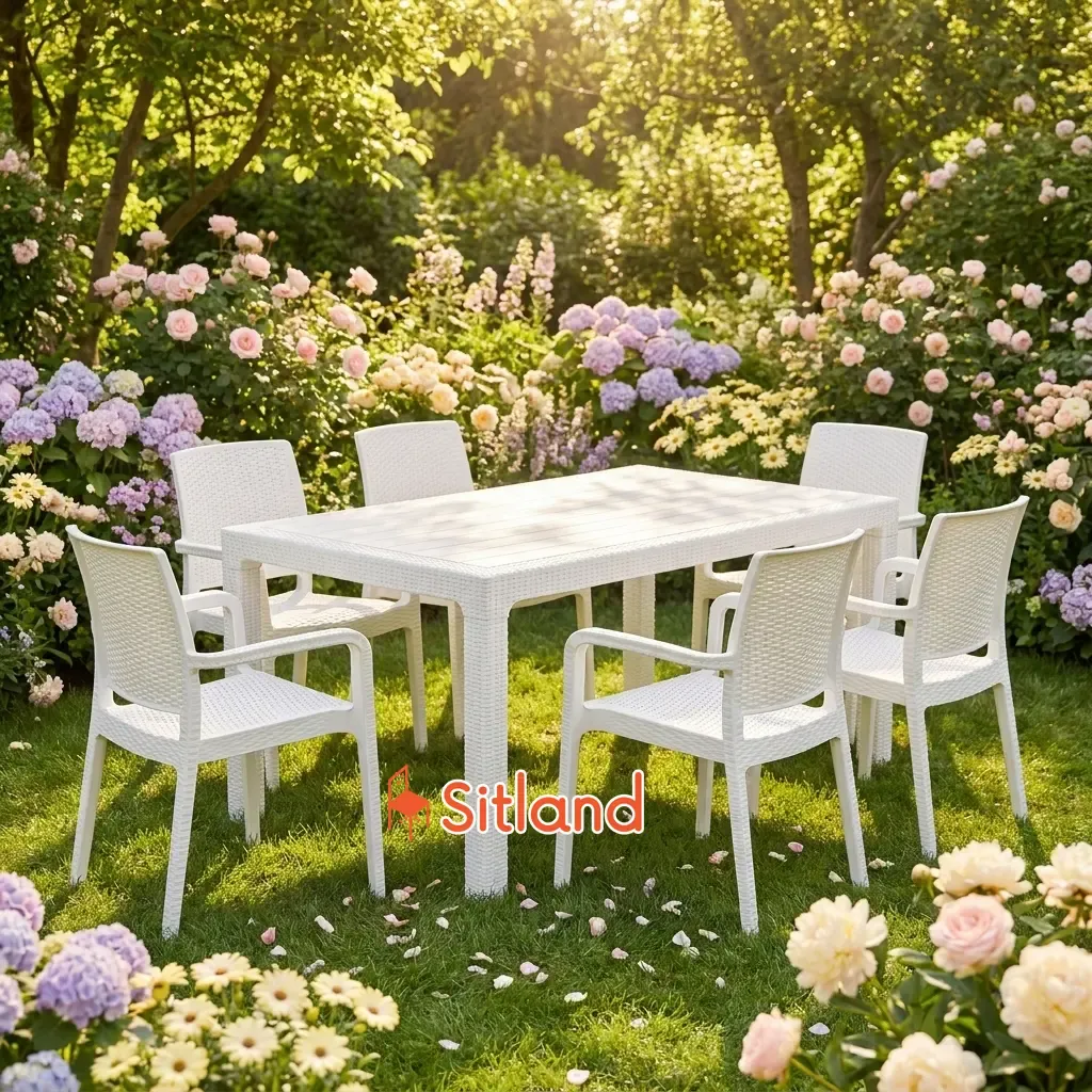 خرید میز پلاستیکی ۶ نفره سفید سیتلند مقاوم در برابر نور آفتاب برای حیاط ویلا و باغ
